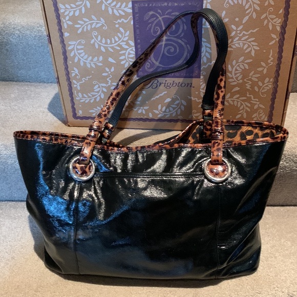 XL BRIGHTON black patent leather rope bag with chetah lining & handles.LIKE NEW - Picture 7 of 16